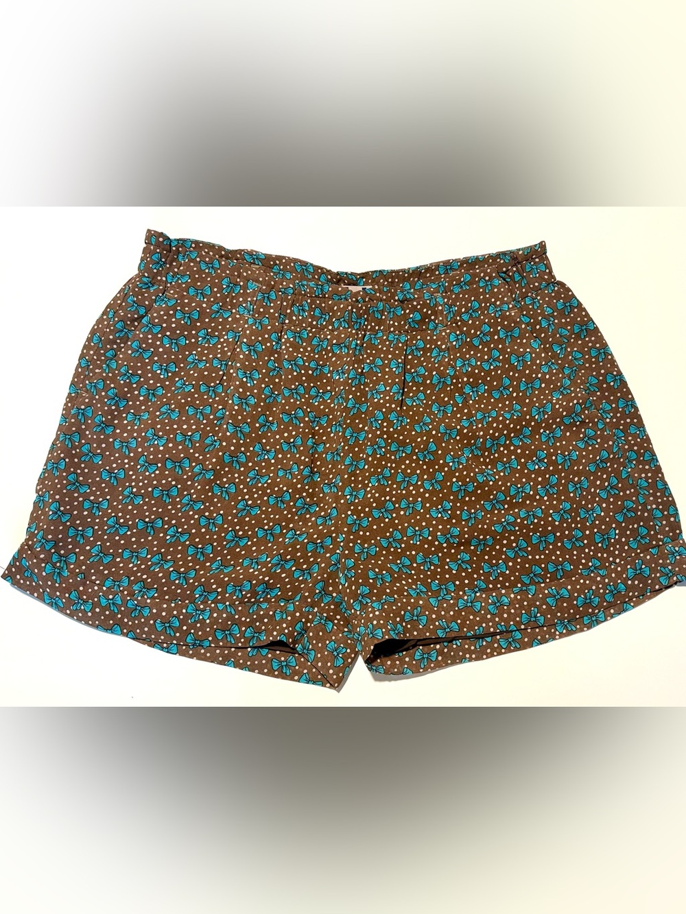 Brown Shorts with Turquoise Bow Print